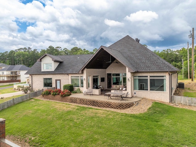 back of property featuring a patio, brick siding, a shingled roof, and cooling unit