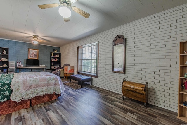 3110 Edison Ave, Benton, AR 72015 - bedroom featuring brick wall, wood finished floors, and a ceiling fan