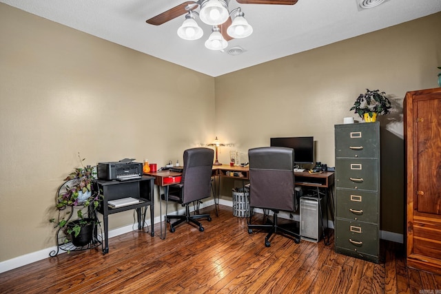 home office with ceiling fan, wood-type flooring, and baseboards