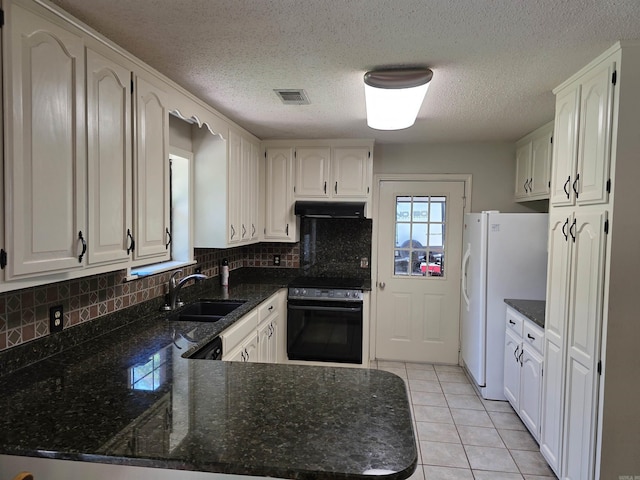 535 Ridgeview Ln, Russellville, AR 72802 - kitchen with electric range oven, under cabinet range hood, freestanding refrigerator, a sink, and a peninsula