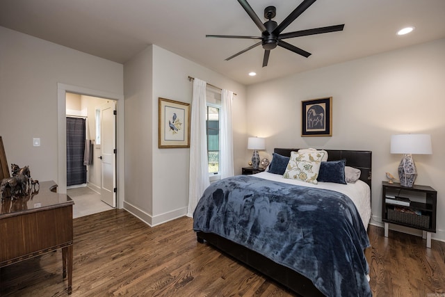 2803 Dalewood Rd, Little Rock, AR 72207 - bedroom featuring baseboards, wood finished floors, recessed lighting, ceiling fan, and ensuite bath