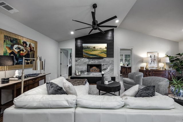2803 Dalewood Rd, Little Rock, AR 72207 - living area featuring a ceiling fan, lofted ceiling, a fireplace, and recessed lighting