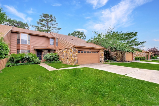 38 Ninth Fairway Loop, Maumelle, AR 72113 - view of front facade featuring stone siding, a front lawn, an attached garage, and concrete driveway
