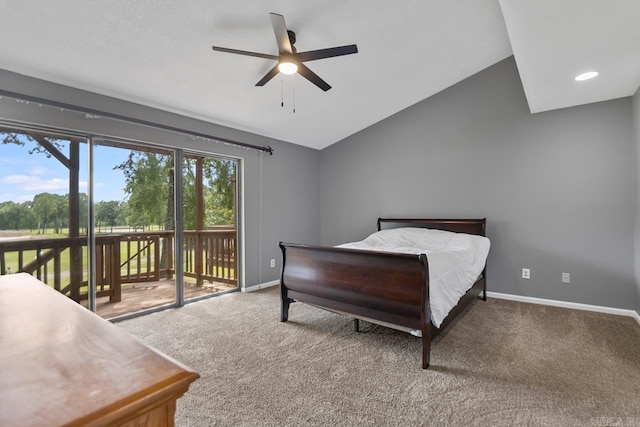 38 Ninth Fairway Loop, Maumelle, AR 72113 - bedroom with access to outside, carpet floors, baseboards, vaulted ceiling, and ceiling fan