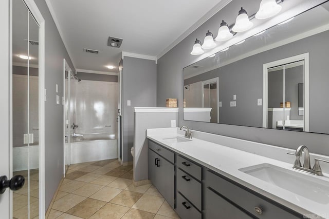 38 Ninth Fairway Loop, Maumelle, AR 72113 - full bath with double vanity, tile patterned floors, ornamental molding, toilet, and shower / tub combination