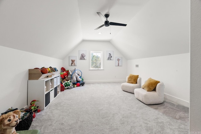 2505 Collins Dr, Conway, AR 72058 - rec room featuring lofted ceiling, carpet flooring, baseboards, and ceiling fan