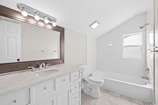 212 Barton St, Little Rock, AR 72205 - bathroom with lofted ceiling, vanity, toilet, tile patterned flooring, and shower / bathtub combination