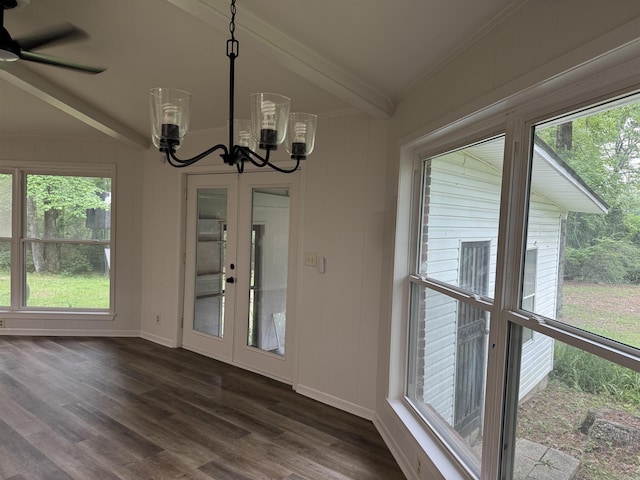 unfurnished sunroom featuring french doors, a chandelier, healthy amount of natural light, and vaulted ceiling