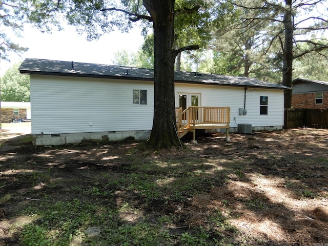 100 Douglas, Judsonia, AR 72180 - rear view of property featuring crawl space, french doors, cooling unit, and a wooden deck