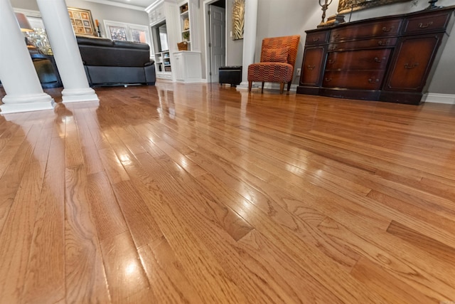 3305 Seminole Trl, Sherwood, AR 72120 - detailed view of decorative columns, wood finished floors, crown molding, and baseboards