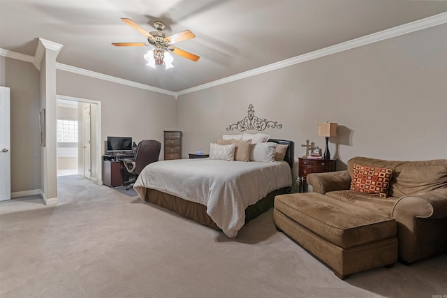 3305 Seminole Trl, Sherwood, AR 72120 - bedroom featuring crown molding, light carpet, an office area, baseboards, and ceiling fan