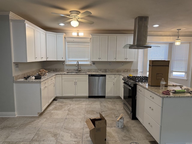 kitchen with dishwasher, black range with gas cooktop, island exhaust hood, a sink, and white cabinets