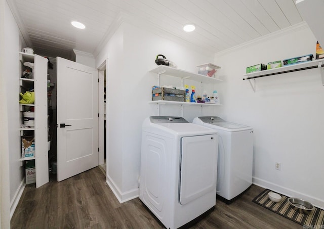 6873 Brazil Rd, Benton, AR 72019 - laundry room with washing machine and dryer, crown molding, dark wood-style floors, wooden ceiling, and baseboards