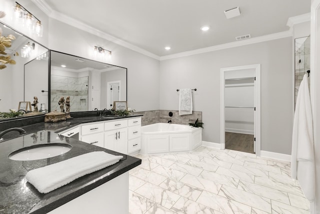 50 Wellington Pl, Cabot, AR 72023 - full bathroom featuring a shower stall, crown molding, two vanities, a garden tub, and marble look tiles