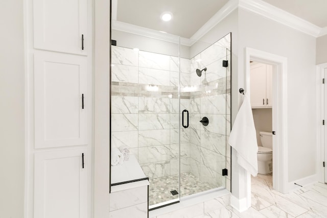 50 Wellington Pl, Cabot, AR 72023 - bathroom with marble look tiles, ornamental molding, a shower stall, toilet, and baseboards