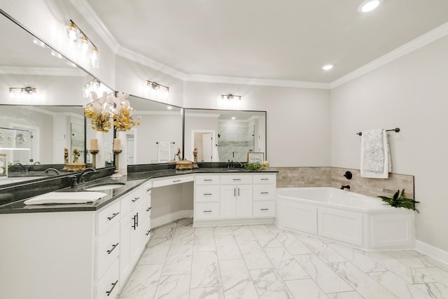 50 Wellington Pl, Cabot, AR 72023 - bathroom featuring a garden tub, recessed lighting, a stall shower, vanity, and ornamental molding
