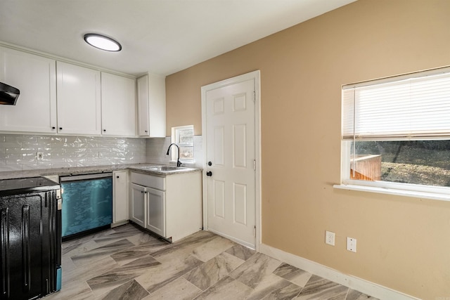 3317 W 7th St, Little Rock, AR 72205 - kitchen featuring dishwashing machine, white cabinetry, decorative backsplash, range, and light stone countertops