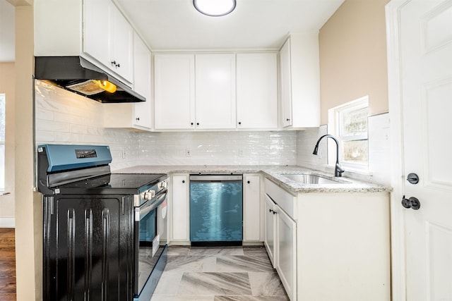 3317 W 7th St, Little Rock, AR 72205 - kitchen featuring stainless steel appliances, a sink, under cabinet range hood, light stone countertops, and white cabinetry