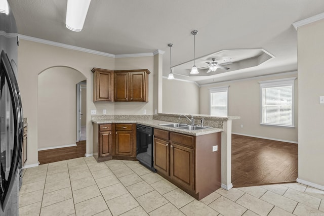 4114 Valles Rd, North Little Rock, AR 72118 - kitchen with black dishwasher, a sink, freestanding refrigerator, a peninsula, and ceiling fan