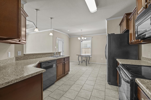 4114 Valles Rd, North Little Rock, AR 72118 - kitchen featuring black appliances, a sink, crown molding, pendant lighting, and a chandelier
