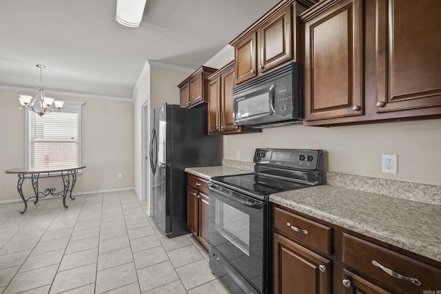 4114 Valles Rd, North Little Rock, AR 72118 - kitchen featuring black appliances, crown molding, a chandelier, light countertops, and light tile patterned floors