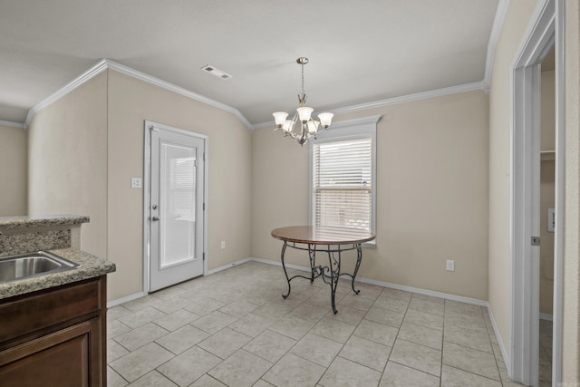 4114 Valles Rd, North Little Rock, AR 72118 - dining space featuring ornamental molding, a chandelier, baseboards, and light tile patterned floors