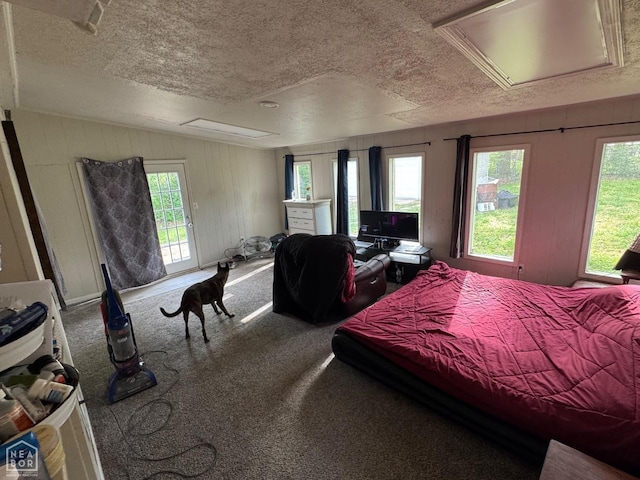 bedroom with a textured ceiling, carpet, access to exterior, and attic access