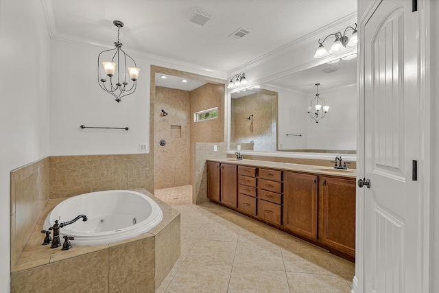 2207 Byrnewood, Jonesboro, AR 72404 - bathroom featuring a jetted tub, a chandelier, double vanity, walk in shower, and crown molding