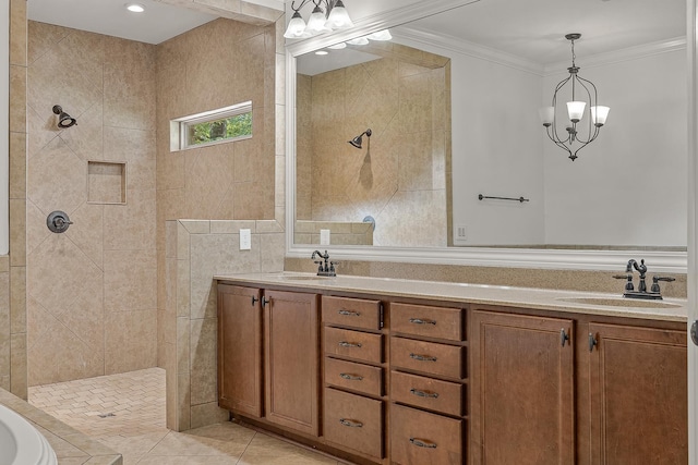 2207 Byrnewood, Jonesboro, AR 72404 - full bathroom featuring double vanity, walk in shower, a chandelier, tile patterned floors, and crown molding