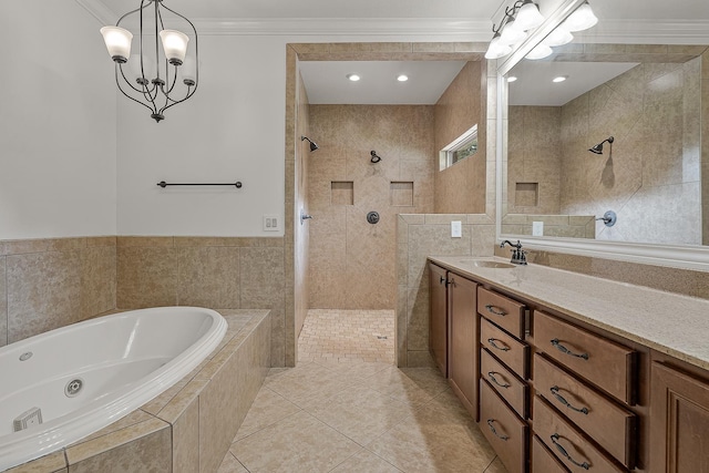 2207 Byrnewood, Jonesboro, AR 72404 - bathroom with a whirlpool tub, a tile shower, vanity, tile patterned floors, and ornamental molding