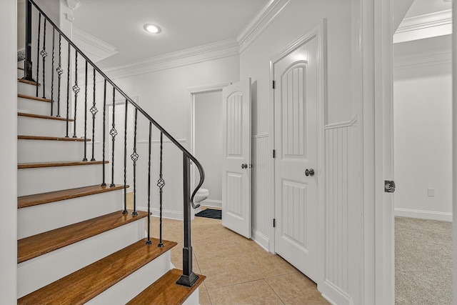 2207 Byrnewood, Jonesboro, AR 72404 - staircase with ornamental molding, tile patterned flooring, recessed lighting, and baseboards