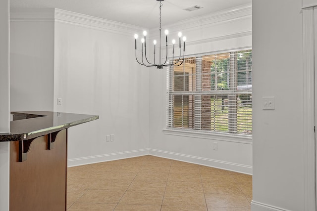 2207 Byrnewood, Jonesboro, AR 72404 - unfurnished dining area featuring a chandelier, baseboards, ornamental molding, and light tile patterned floors
