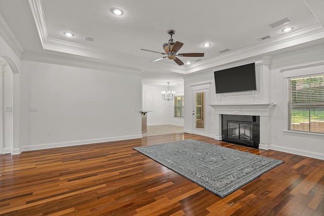 2207 Byrnewood, Jonesboro, AR 72404 - unfurnished living room featuring hardwood / wood-style floors, a premium fireplace, ceiling fan, crown molding, and a chandelier
