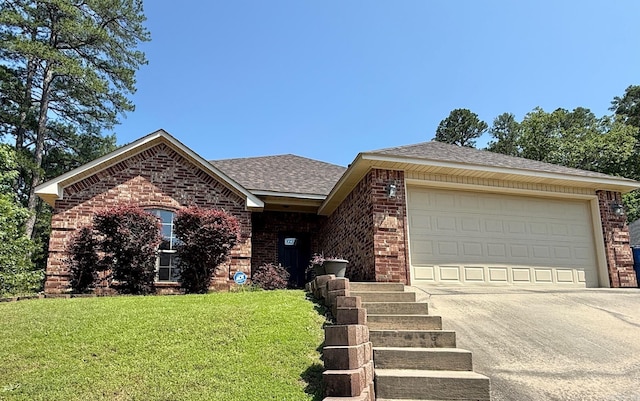 113 Harmony Loop, Maumelle, AR 72113 - ranch-style home featuring brick siding, driveway, a front lawn, a garage, and a shingled roof