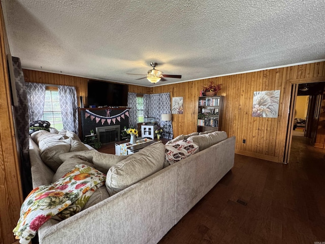 821 S 12th Ave, Piggott, AR 72454 - living area featuring wooden walls, dark wood finished floors, a textured ceiling, ceiling fan, and baseboards