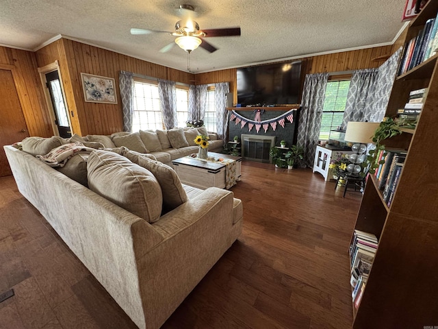 821 S 12th Ave, Piggott, AR 72454 - living area featuring a textured ceiling, crown molding, wooden walls, a ceiling fan, and a glass covered fireplace