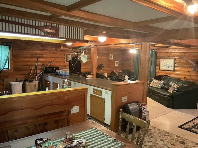 1602 Lake Clf, Higden, AR 72067 - bar featuring rustic walls, black microwave, and beam ceiling
