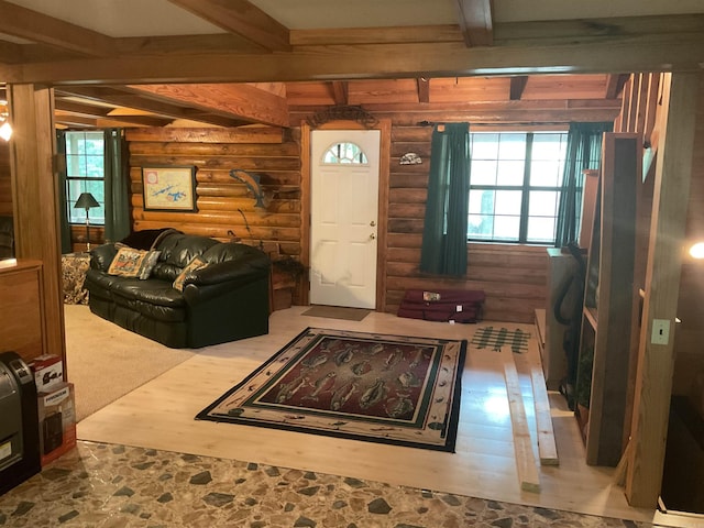1602 Lake Clf, Higden, AR 72067 - living room featuring log walls, plenty of natural light, and beam ceiling
