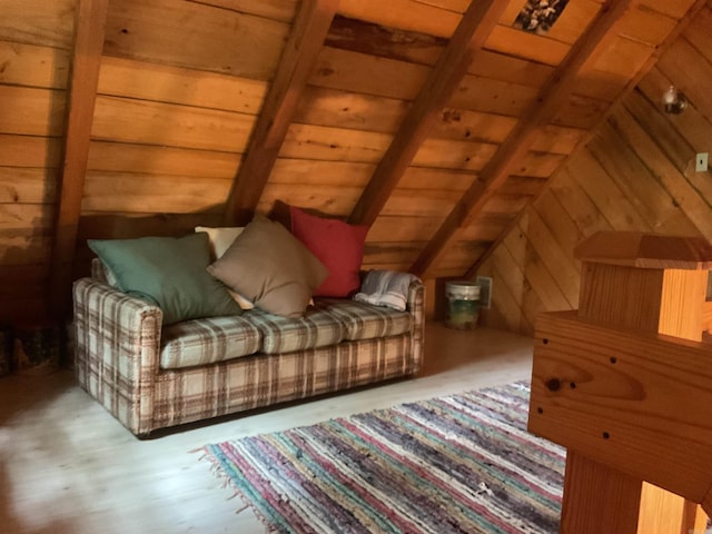 1602 Lake Clf, Higden, AR 72067 - living area with wooden ceiling, wood finished floors, and wood walls