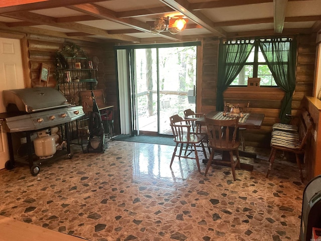 1602 Lake Clf, Higden, AR 72067 - dining room featuring plenty of natural light, beam ceiling, a chandelier, and coffered ceiling