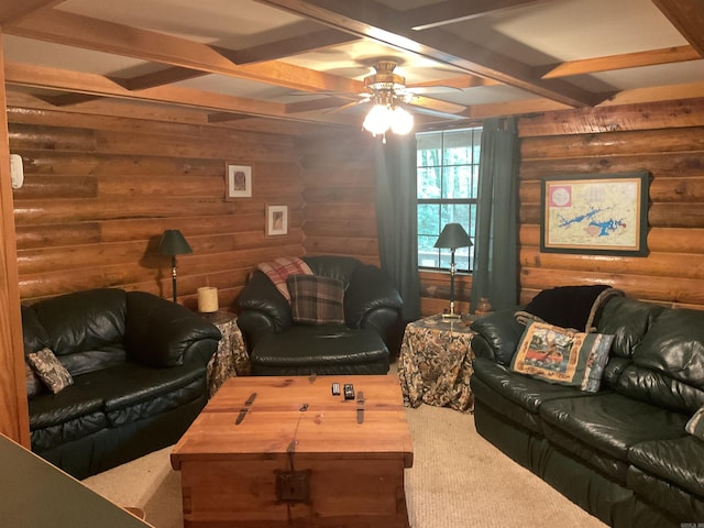 1602 Lake Clf, Higden, AR 72067 - living room featuring carpet, rustic walls, a ceiling fan, and beam ceiling
