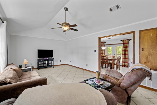 16 Clinton Ct, Cabot, AR 72023 - living room featuring light tile patterned flooring, a ceiling fan, lofted ceiling, and baseboards