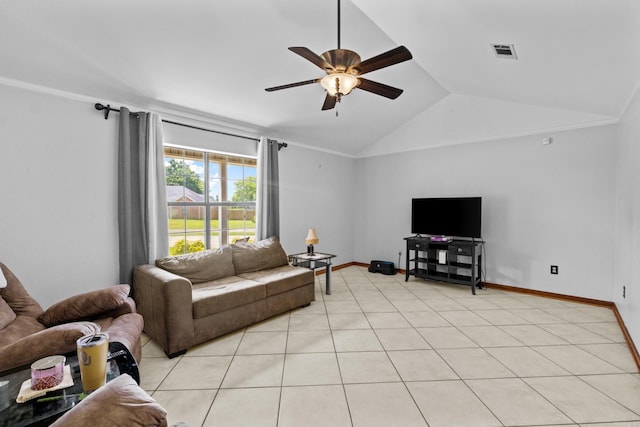 16 Clinton Ct, Cabot, AR 72023 - living area featuring ceiling fan, lofted ceiling, baseboards, and light tile patterned floors