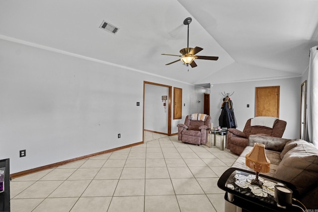 16 Clinton Ct, Cabot, AR 72023 - living area featuring lofted ceiling, a ceiling fan, light tile patterned floors, baseboards, and ornamental molding