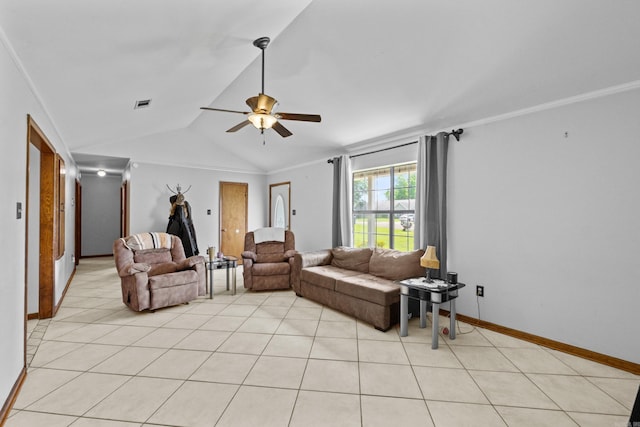 16 Clinton Ct, Cabot, AR 72023 - living room featuring lofted ceiling, ceiling fan, baseboards, and light tile patterned floors