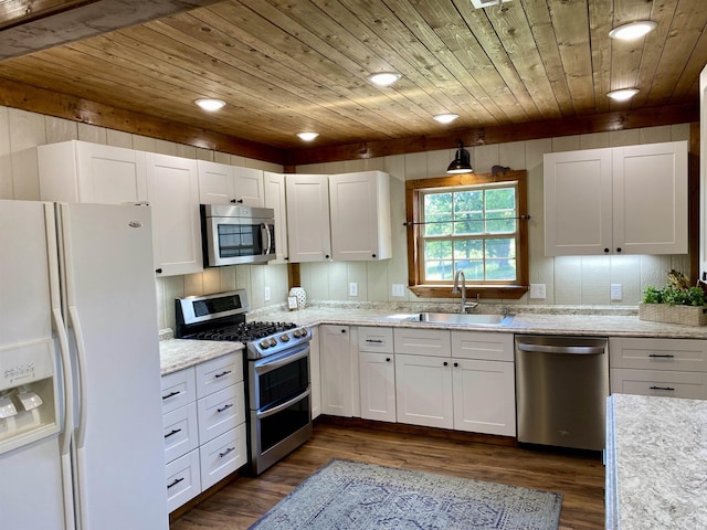 5867 County Road 4160, Ozark, AR 72949 - kitchen with stainless steel appliances, a sink, wooden ceiling, dark wood-type flooring, and white cabinets