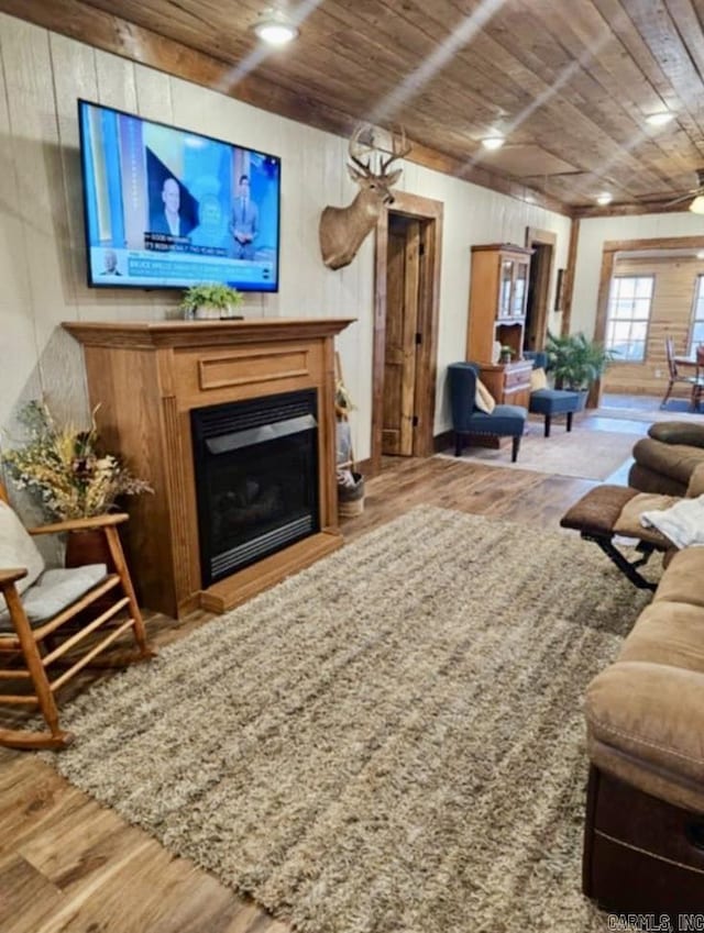 5867 County Road 4160, Ozark, AR 72949 - living room featuring wood ceiling, wood finished floors, and a fireplace