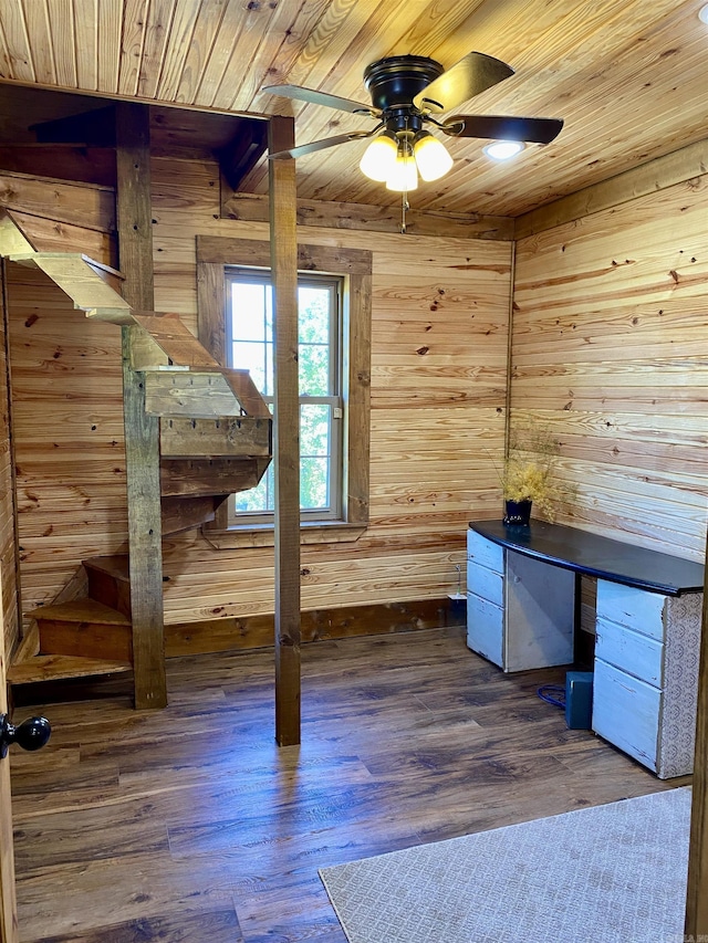 5867 County Road 4160, Ozark, AR 72949 - unfurnished office with wooden ceiling, a ceiling fan, wood walls, and dark wood-style floors