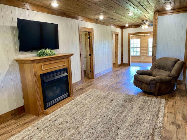 5867 County Road 4160, Ozark, AR 72949 - living area with wood finished floors, wooden ceiling, wooden walls, a fireplace, and baseboards