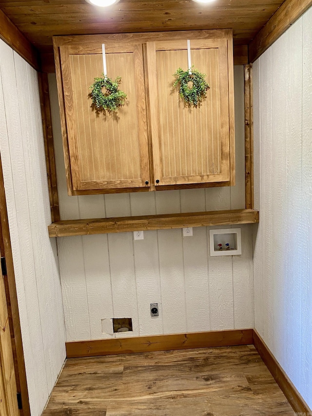 5867 County Road 4160, Ozark, AR 72949 - washroom with hookup for an electric dryer, wooden ceiling, wood finished floors, baseboards, and washer hookup